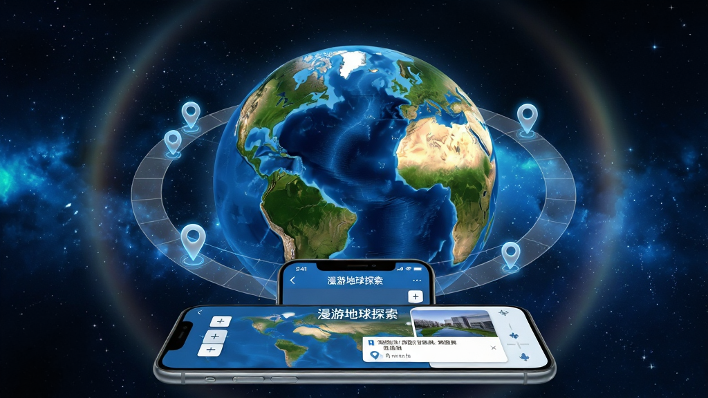 画面中央悬浮一颗高精度三维地球模型,表面呈现蓝色海洋与绿色大陆,周围环绕着半透明的经纬网格与发光定位标记,背景是深邃的星空与柔和光晕,地球前方有一部智能手机屏幕展示漫游地球探索应用界面,界面中包含地图缩放控件与地点信息卡片,整体采用科技蓝与银白配色,风格写实且富有未来感,细节清晰,画质干净,无多余元素,图片中文字标注“漫游地球探索”