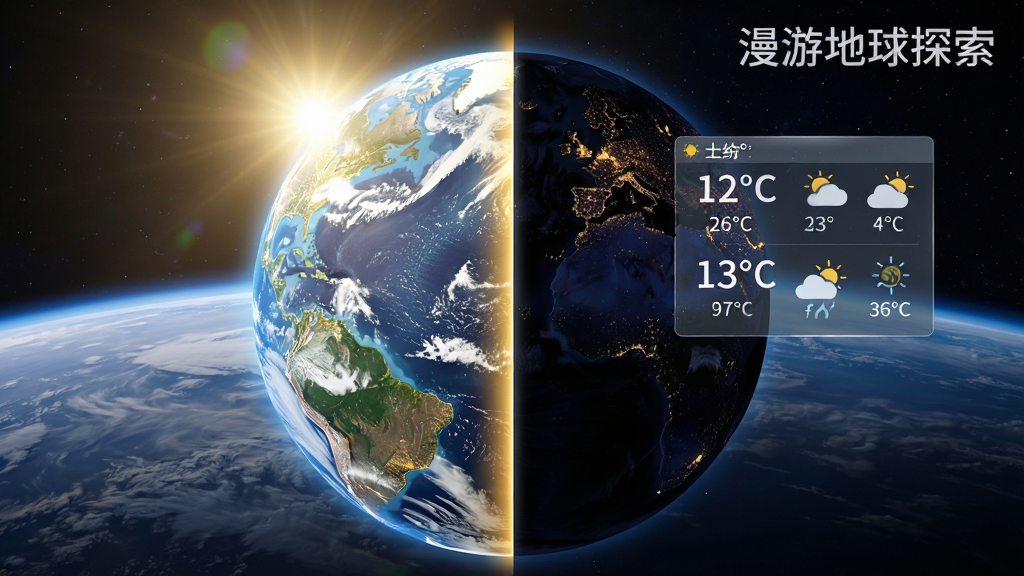 三维地球模型展示昼夜分界线,一侧是阳光照耀的白天,另一侧是点缀城市灯光的黑夜,地球表面覆盖着流动的云层,旁边有半透明的天气信息浮窗显示温度与天气图标,背景为太空视角,风格写实大气,画质清晰,图片中文字标注“漫游地球探索”