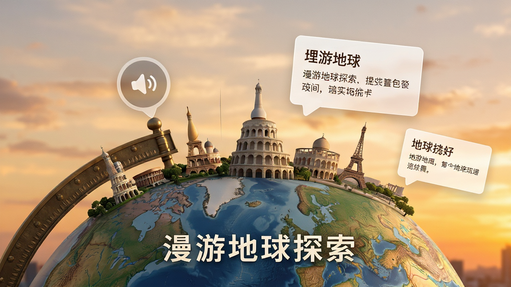 画面展示一个地球仪局部放大场景,地面是著名地标建筑群,空中悬浮着语音播放按钮与文字介绍卡片,卡片上写有地标名称与简介,背景是温暖的黄昏天空,风格写实柔和,细节精致,画质干净,图片中文字标注“漫游地球探索”