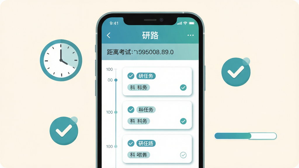 ����������һ��������ֻ����棬��ʾ����·��ѧϰ�ƻ�ҳ�棬�����Ǿ��뿼�Ե��������м���ʱ������ʽ���е�ÿ������Ƭ����Ƭ���й�ѡ״̬�Ϳ�Ŀ��ǩ���ֻ�����Ư����ʱ�ӡ��Թ�ͼ��ͽ���������������͵��װ�ɫ�����Ϊ��Լ��ƽ�廭��ɫ��������Ϊ����ϸ��������Ƭ����΢����ӰЧ���������������ɾ��޶���Ԫ�أ�����������Ϊ����·����