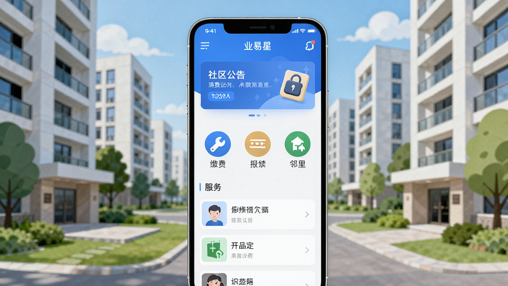 ����������һ�������ֻ�����Ļ��չʾ�š�ҵ���ǡ�Ӧ�õ������棬�Ϸ����������������в������Žɷѡ����ޡ��Ž��������ĸ�Բ��ͼ�꣬�·��Ƿ����б���Ƭ������Ϊ�ִ�סլС��¥�����̻�����������ñ�ƽ���廭���ɫ����������Ϊ��������ɾ����࣬�޶���Ԫ�أ����廭��