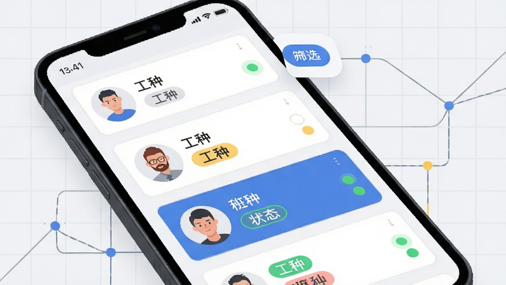 ��������Ϊ�ֻ���Ļ��ʾ��Ա�б��Ͱ��鿨Ƭ����Ƭ����ͷ�񡢹��ֱ�ǩ��״ָ̬ʾ�ơ�����Ϊ�б��������У��Ҳ���ɸѡ��ť���Ű����������Ϊ�����Լ��ƽ�廭��ϸ���ϱ����е���ɫ����������ߴ���Э����ϵ�����ʸ��壬�ɾ����޶���Ԫ�ء�