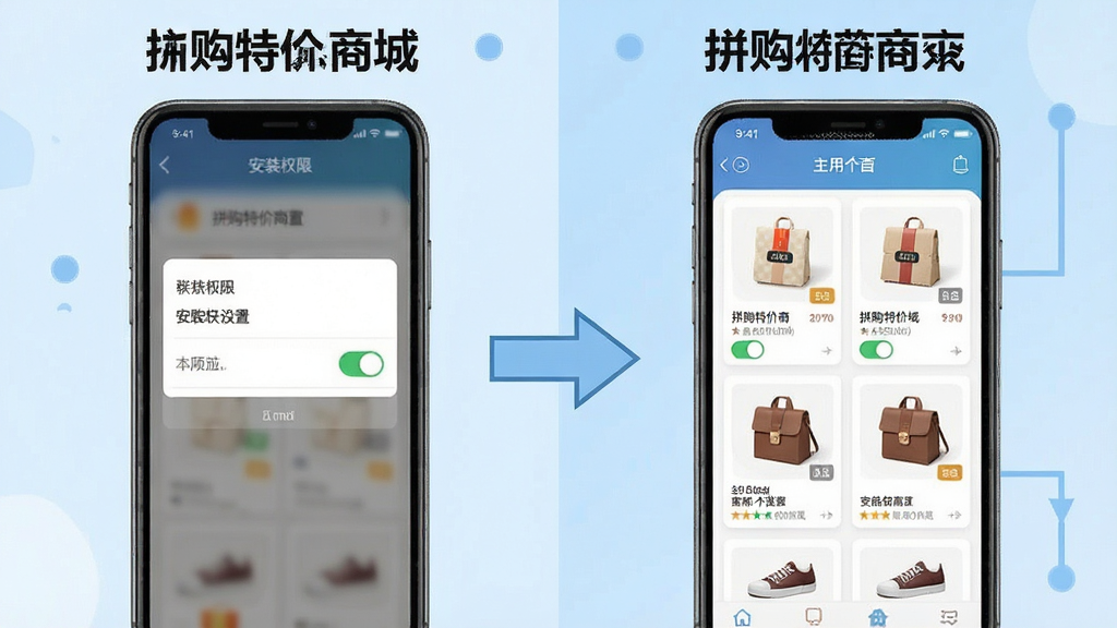 一张展示拼购特价商城新手操作步骤的示意图,画面分为左右两部分,左侧为移动端安装权限设置界面,右侧为应用主界面,中间用箭头连接,背景为浅蓝色,风格信息图,布局左右对照,细节包含权限开关和商品卡片,画质清晰,无多余元素,图片中文字包含“拼购特价商城”
