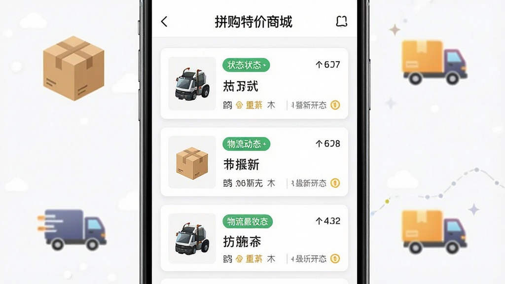 一张展示拼购特价商城订单与物流界面的图片,画面主体是手机屏幕,屏幕内显示订单列表,每个订单卡片包含商品缩略图、状态标签和物流最新动态,背景有包裹和货车小图标,风格干净整洁,布局纵向列表,细节物流文字清晰,画质明亮,无多余元素,图片中文字包含“拼购特价商城”