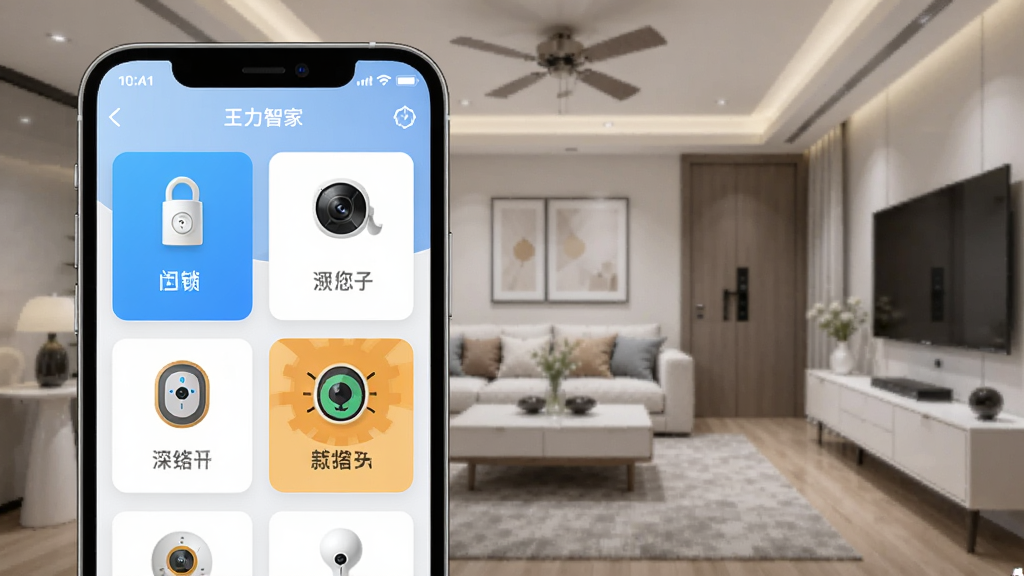 �����Ǽ�APP���豸�������棬�ֻ���Ļ��ʾ����豸��Ƭ���У���������������ͷ��è�۵�ͼ�꣬���������ܼҾ�ȫ��ͼ�������������ϸ�����������ʸ��壬�޶���Ԫ�ء�