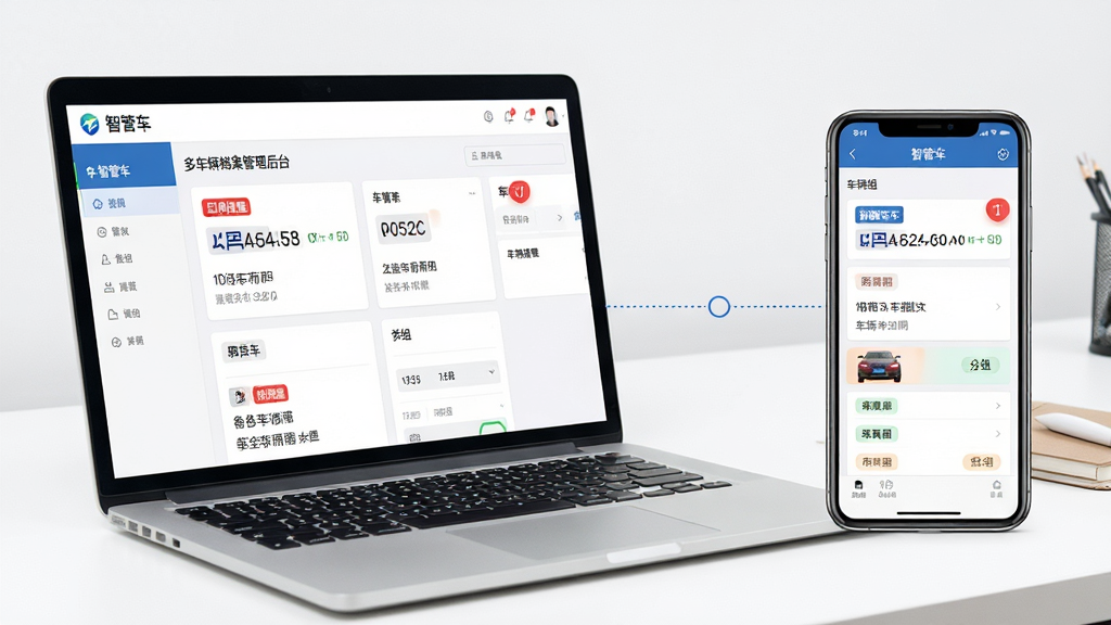 画面主体为一台打开的笔记本电脑与一部手机并排摆放,笔记本屏幕显示“智管车”多车辆档案管理后台界面,手机屏幕显示同一账号下的车辆分组列表,两者之间用虚线连接表示数据同步,背景为白色办公桌面,布局采用左右对比式排版,风格商务简约,细节上突出界面中的车牌号、到期提醒红色角标与分组标签,画质清晰,干净,无多余元素。