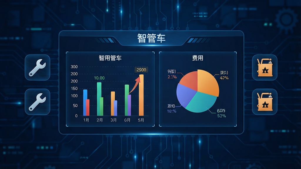 画面中央为一块悬浮的数字化仪表盘,仪表盘上显示“智管车”费用统计图表,包括柱状图与饼图,图表旁有扳手与机油桶图标,背景为深蓝色科技纹理,布局采用中心对称式排版,风格数据可视化风格,细节上突出图表色彩区分与数值标签,画质高清,干净,无多余元素。