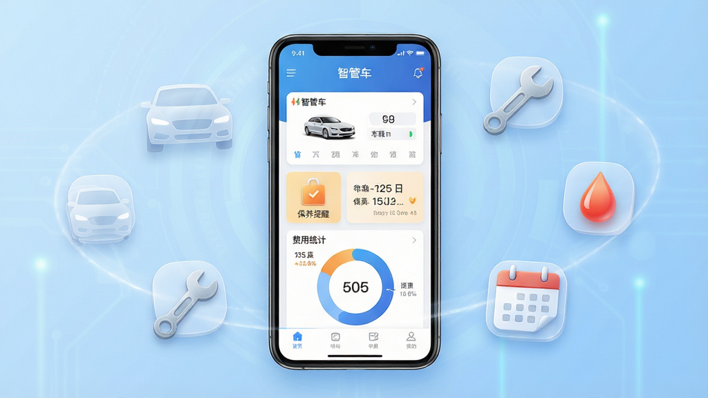 画面中央展示一部智能手机,屏幕内呈现“智管车”应用主界面,界面中包含车辆列表卡片、保养提醒图标与费用统计环形图,手机周围环绕半透明的汽车轮廓、扳手、油滴与日历图标,背景为浅蓝色渐变科技风格,整体布局采用中心聚焦式排版,风格简洁现代,细节上突出界面UI的清晰层级与图标质感,画质高清,干净,无多余元素。