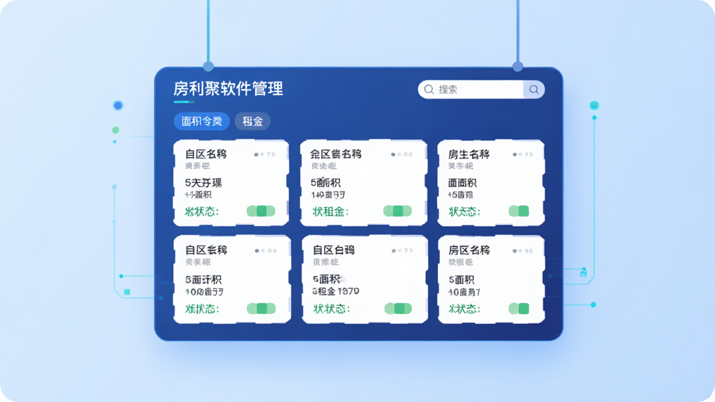 房利聚软件房源管理功能展示图,画面主体为一块悬浮的数字化信息面板,面板上排列着多个房源信息卡片,卡片上有小区名称、面积、租金和状态图标,背景为浅蓝色渐变,风格为科技感扁平插画,细节包含清晰的分类标签和搜索框,画质高清,干净,无多余元素