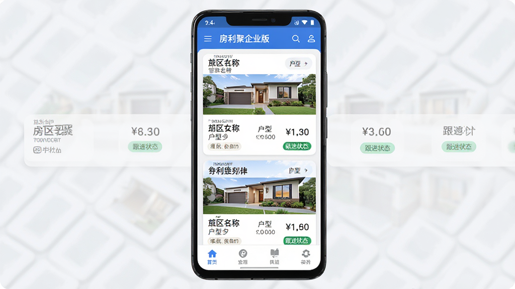 一张展示房利聚软件界面的手机预览图,画面中央是一部竖屏安卓手机,手机屏幕上显示房利聚企业版房源管理列表,列表中有多套房源卡片,每张卡片包含小区名称、户型、价格和跟进状态标签,手机下方有四个底部导航按钮,整体布局简洁清晰,风格为现代扁平化商务风,细节包含圆角卡片和浅色背景,画质高清,干净,无多余元素
