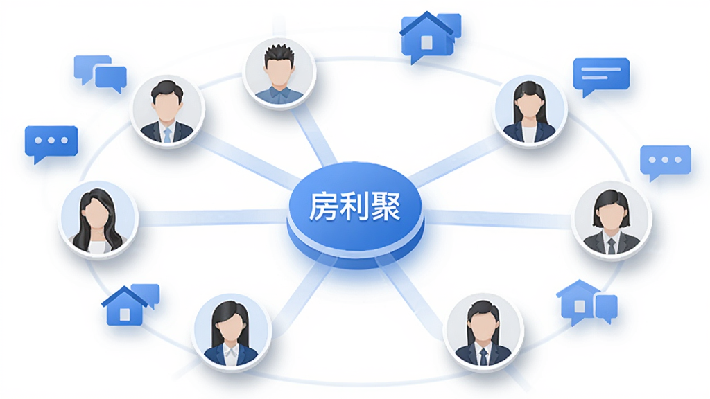 房利聚团队协同办公场景示意图,画面中显示多个用户头像通过线条连接到一个中心数据节点,节点上标注房利聚字样,周围环绕着房源图标和消息气泡,布局为环形放射状,风格为简约商务插画,细节包含半透明连接线和柔和阴影,画质高清,干净,无多余元素