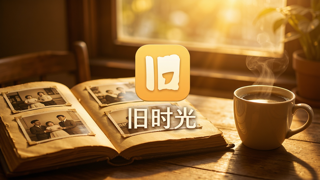 旧时光软件主界面,温暖的暖黄色调,一本翻开的复古相册放在木质桌面上,旁边有一杯冒着热气的咖啡,窗外透进午后阳光,画面中央有旧时光应用图标和文字旧时光,整体风格怀旧温馨,布局简洁,画质清晰干净,无多余元素