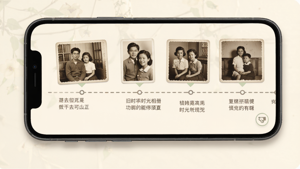 旧时光时光相册功能展示,手机屏幕显示一条从过去到现在的时光轴,上面排列着不同年代的老照片缩略图,每张照片下方有小段文字备注,界面配色柔和,风格清新怀旧,画质清晰,无多余元素