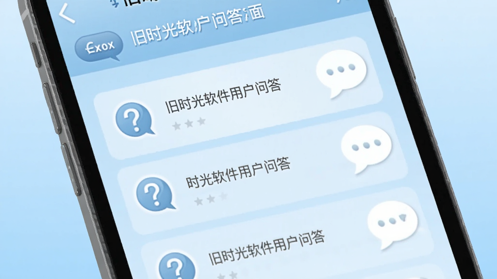 旧时光软件用户问答界面,手机屏幕显示常见问题列表,背景为柔和的浅蓝色渐变,界面简洁干净,有问号图标和对话气泡元素,风格清新,画质清晰,无多余元素