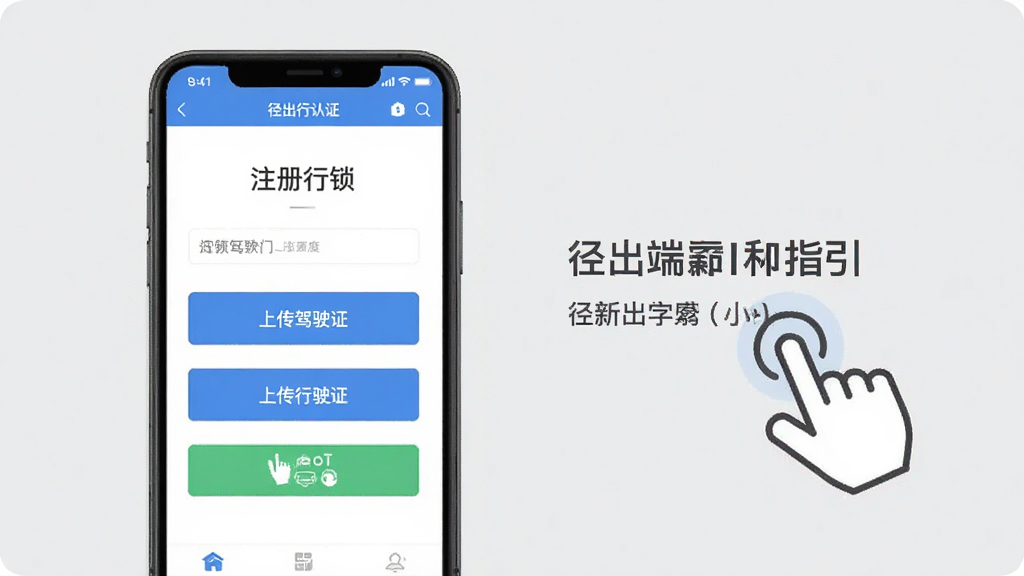 径出行司机端新手操作指引,画面中手机屏幕显示径出行司机端APP的注册认证页面,页面上有“上传驾驶证”“上传行驶证”等按钮,旁边有手指点击的图标示意,背景为浅灰色,风格简洁清晰,画质干净