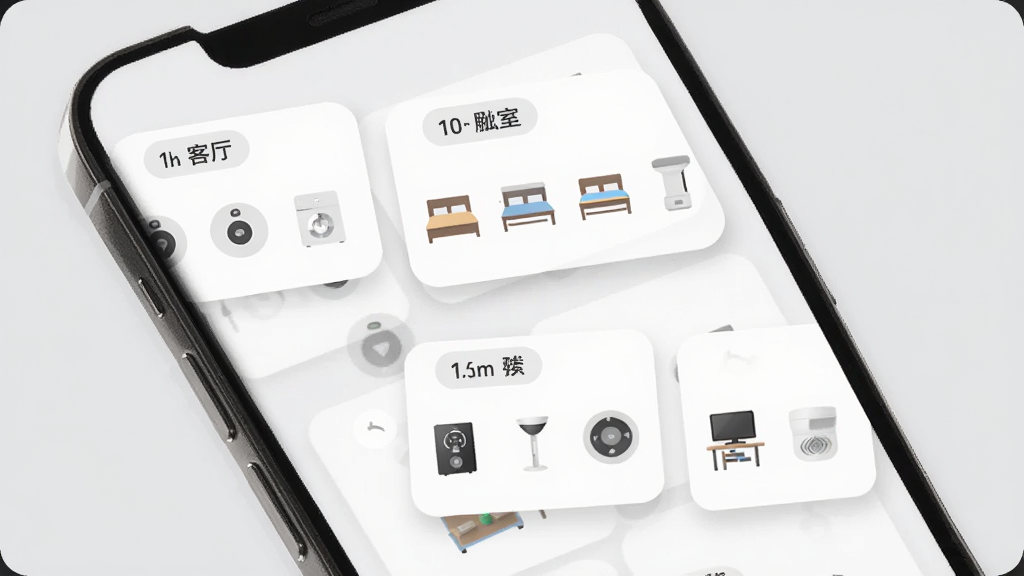 万能遥控器一键家居多房间分组管理界面图,手机屏幕以卡片式布局展示客厅、卧室、书房等不同房间标签,每个标签下显示对应的家电图标,卡片有轻微阴影和圆角,背景为浅灰色,风格清新素雅,信息层级分明,画质细腻,无多余元素