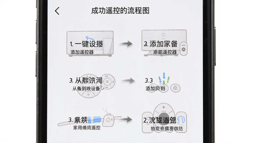万能遥控器一键家居新手操作流程图解,画面以手机屏幕截图为主体,分步骤展示从添加设备到成功遥控的全过程,每一步配有简洁的箭头指引和文字标注,背景为纯白色,风格清晰直观,信息传达明确,画质干净,无多余装饰
