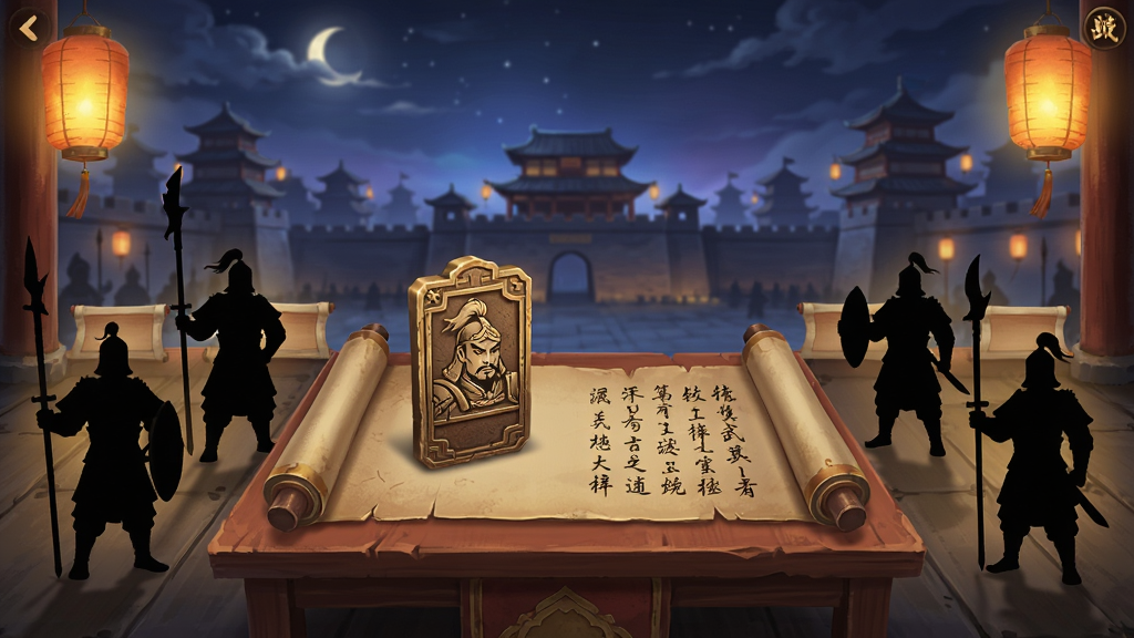 战棋三国武将招募界面概念图,画面展示一个古代风格的招募台,台上摆放着武将令牌与卷轴,周围环绕着不同兵种的武将剪影,背景是三国城池夜景与灯笼,风格为国风游戏UI,细节包括令牌纹理、卷轴文字、灯笼光晕,画质高清,干净,无多余元素