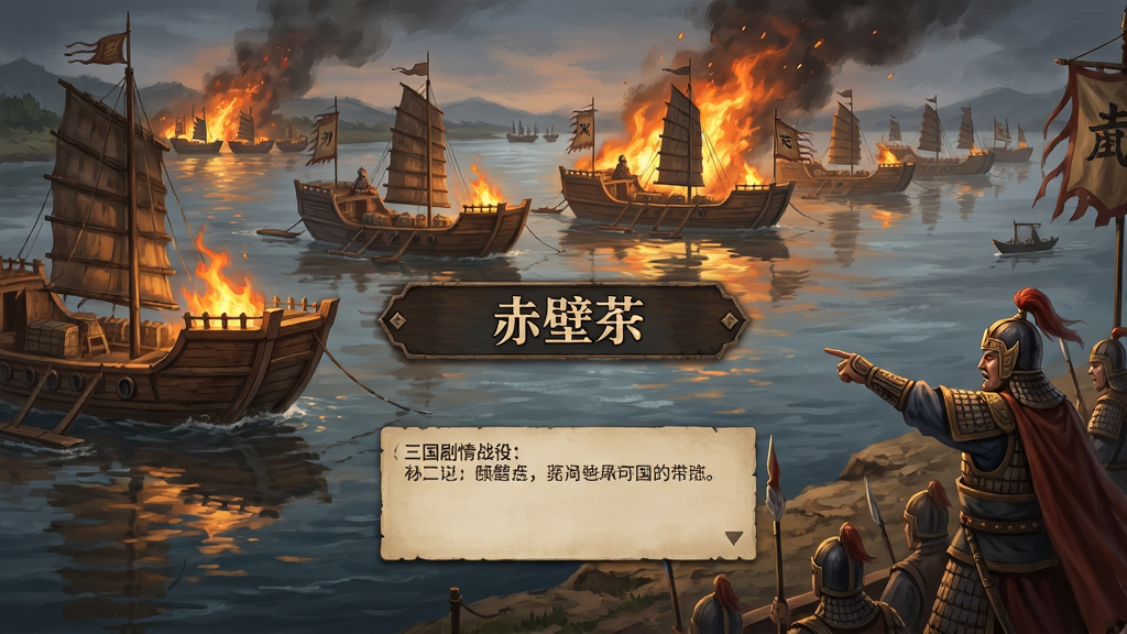 战棋三国剧情战役场景图,画面描绘赤壁之战江面战场,战船排列,火光冲天,岸边有武将指挥,画面中央显示战役名称与对话气泡,风格为历史战争插画,细节包括战船纹理、火焰光影、水波反射,画质高清,干净,无多余元素