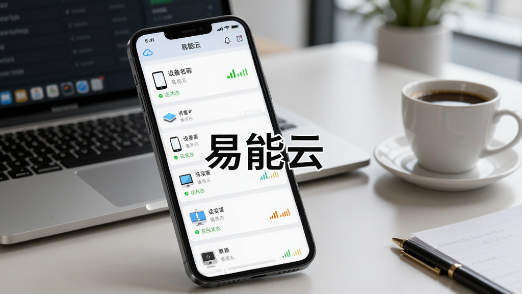 һ���ֻ�չʾ������APP���豸�����б���ÿ���豸��Ƭ�����豸���ơ�����״̬���ź�ǿ��ͼ�꣬�ֻ�����Ϊ�칫�����棬�Ա��бʼǱ����ԺͿ��ȱ������������С������ơ����֣��������칫���Ű�������ϸ�ڷḻ��4K���ʣ��ɾ��޶���Ԫ��