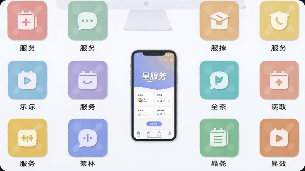 画面采用俯视视角,展示一个整洁的虚拟工作台面,台面上整齐排列着代表不同服务功能的彩色方块图标,每个图标下方有简短的文字标签。台面中央放置一部手机,屏幕显示“星服务”应用界面。整体风格为扁平化插画,色调柔和明亮,细节清晰,画质干净,无杂乱背景元素。