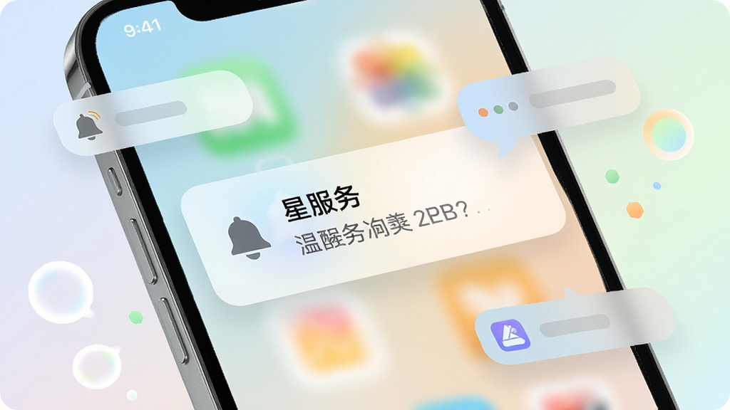 画面展示一部手机屏幕弹出“星服务”应用的消息提醒卡片,卡片设计简洁,带有铃铛图标和文字提示。手机背景为柔和渐变色调,周围有抽象的通知气泡元素漂浮。风格清新明快,细节清晰,画质干净,无多余背景元素。