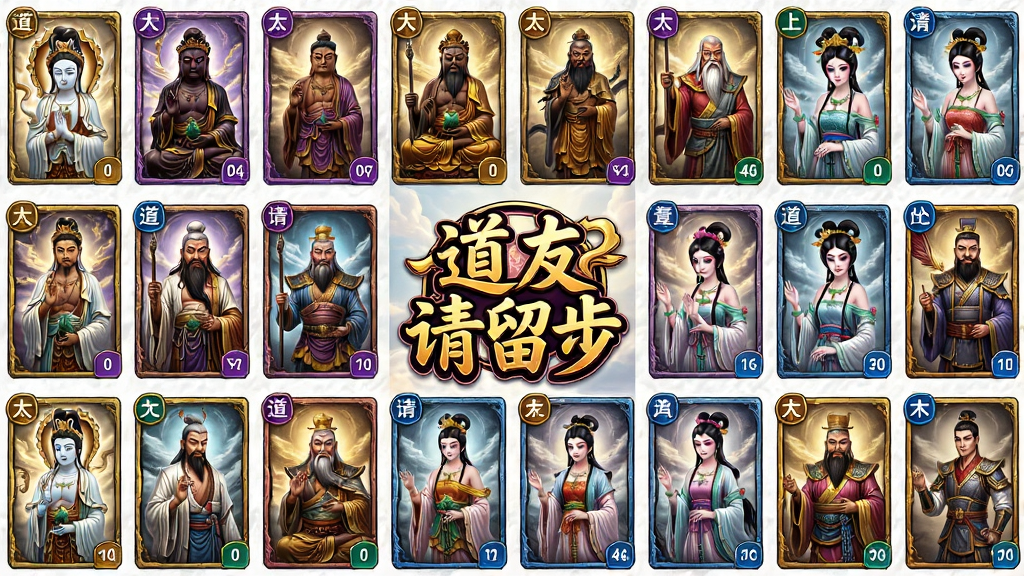 一张展示“道友请留步”游戏中多位神仙卡牌的合集图,画面中排列着数十张精美的卡牌,每张卡牌上绘制着不同的神话人物,如观音、如来、太上老君、嫦娥等,卡牌边框有金色、紫色、蓝色等不同品质标识。画面中央有“道友请留步”游戏Logo。整体布局整齐,风格统一为东方仙侠卡牌风,色彩丰富,画质清晰,干净无多余元素。