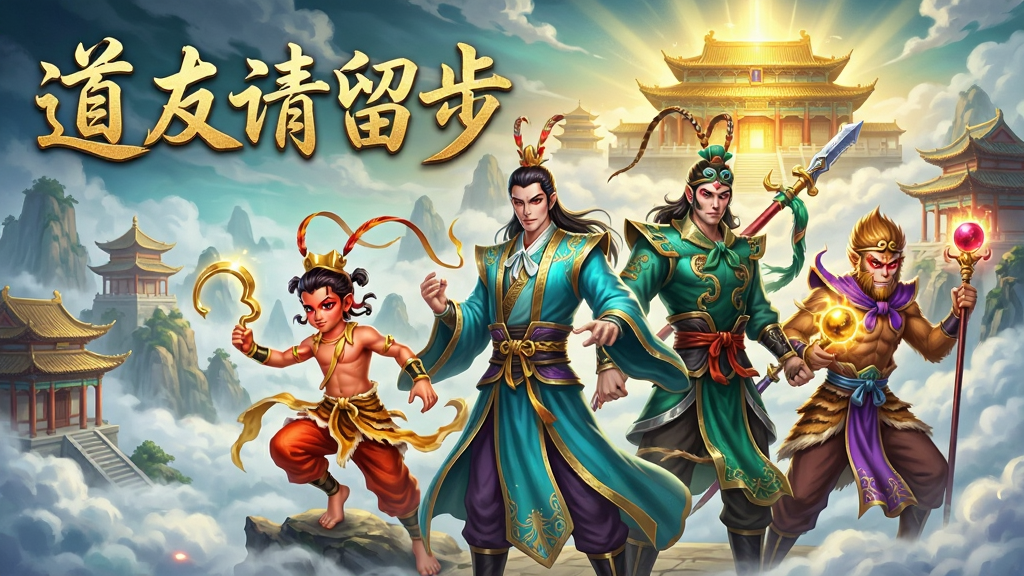 一张以中国古典神话为背景的修仙手游宣传图,画面中央是几位身着华丽仙袍的神话人物,如哪吒、杨戬、孙悟空等,他们手持法宝,姿态威武。背景是云雾缭绕的仙山楼阁,远处有金光闪耀的天宫。画面左上角有“道友请留步”五个金色大字,字体采用古典书法风格。整体风格为唯美仙侠风,色彩以金色、青色、紫色为主,细节精致,画质高清,干净无多余元素。