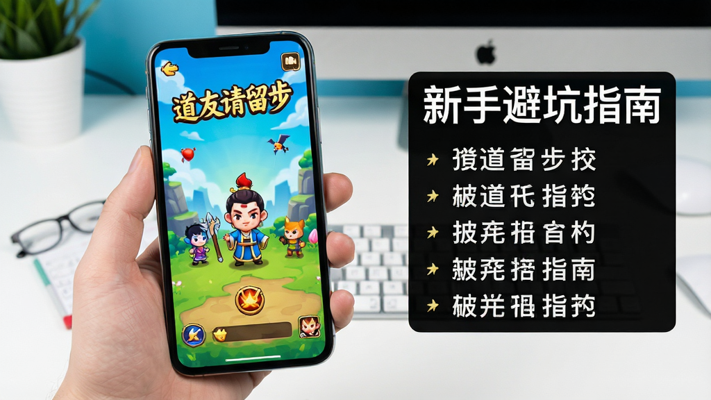一张展示“道友请留步”游戏在手机上运行的画面,手机屏幕显示游戏主界面,旁边有“新手避坑指南”文字列表,背景是简洁的桌面环境。整体风格为实用教程风,色彩明亮,画质清晰,干净无多余元素。