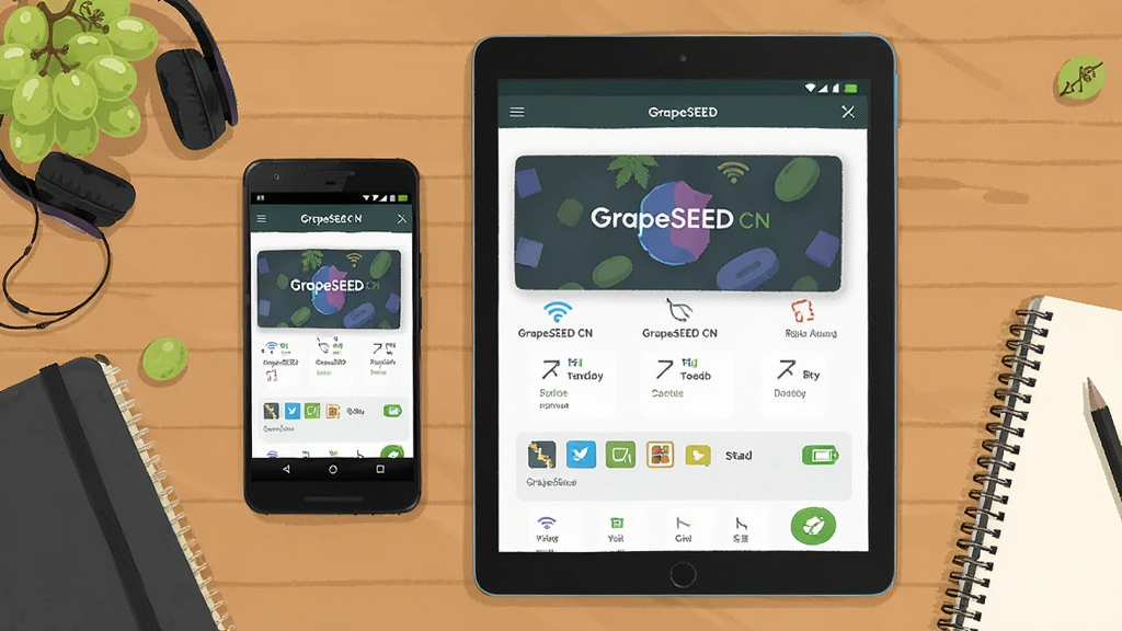 һ����׿�ֻ���һ̨ƽ����Բ��ŷ���ľ�������ϣ���̨�豸��Ļ����ʾ GrapeSEED CN ��ѧϰ���棬��Χ����ɫ���ѡ������ͱʼǱ������ּ����У���������Ʒչʾ�廭��ϸ�ڰ�����������ͼ��͵��ͼ�꣬���ʸ��壬����ɾ����޶���Ԫ��