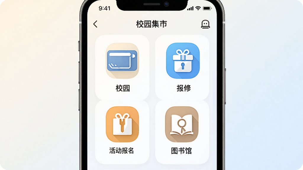 У԰����У԰������չʾͼ���ֻ���Ļ��ʾУ԰����APP�ķ���ҳ�棬��������ʽ����У԰�������ޡ��������ͼ��ݵȹ���ͼ�꣬ÿ��ͼ�����м������˵��������Ϊǳɫ���䣬�������ͳһ�����ʸɾ�����
