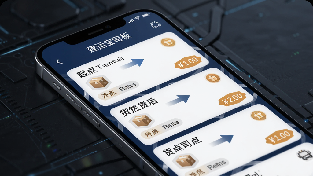 一张以“建运宝司机版”货源推送为主题的AI生图,主体是手机屏幕特写,屏幕上显示多条货源卡片信息,布局为手机居中放置于深色背景上,风格为科技感写实风,细节包括货源卡片上的起点终点箭头、货物图标、价格标签,画质高清,干净,无多余元素