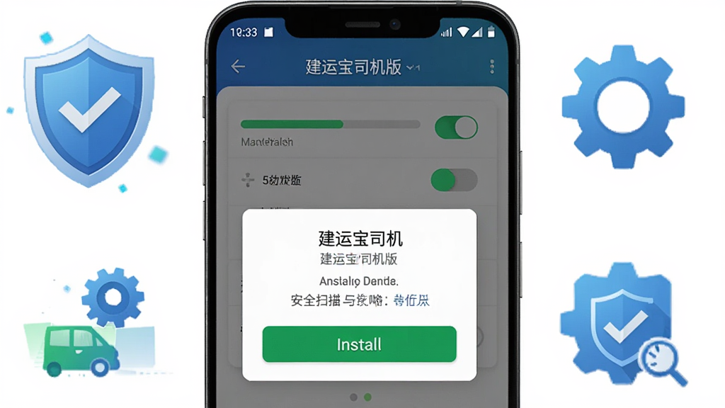 一张展示安卓手机安装“建运宝司机版”过程的AI生图,主体是手机屏幕显示安装进度条与权限授权弹窗,布局为手机居中,周围有盾牌与齿轮图标,风格为科技安全风,细节包括权限开关、安装按钮、安全扫描标识,画质清晰,干净,无多余元素