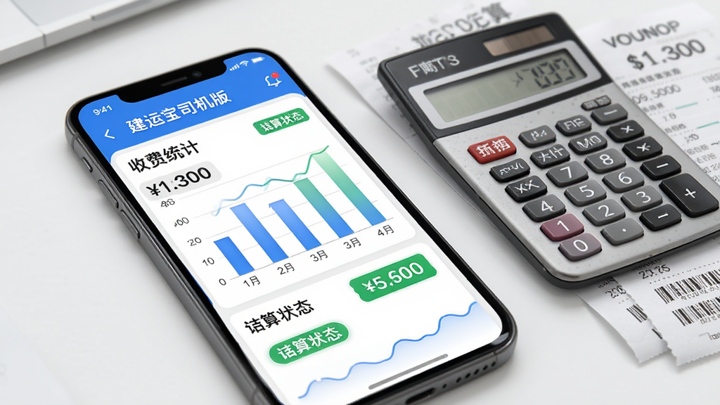 一张以“建运宝司机版”运费结算为主题的AI生图,主体是手机屏幕显示收入统计图表,布局为手机与计算器、票据并排放置,风格为清爽办公风,细节包括柱状图、金额数字、结算状态标签,画质清晰,干净,无多余元素