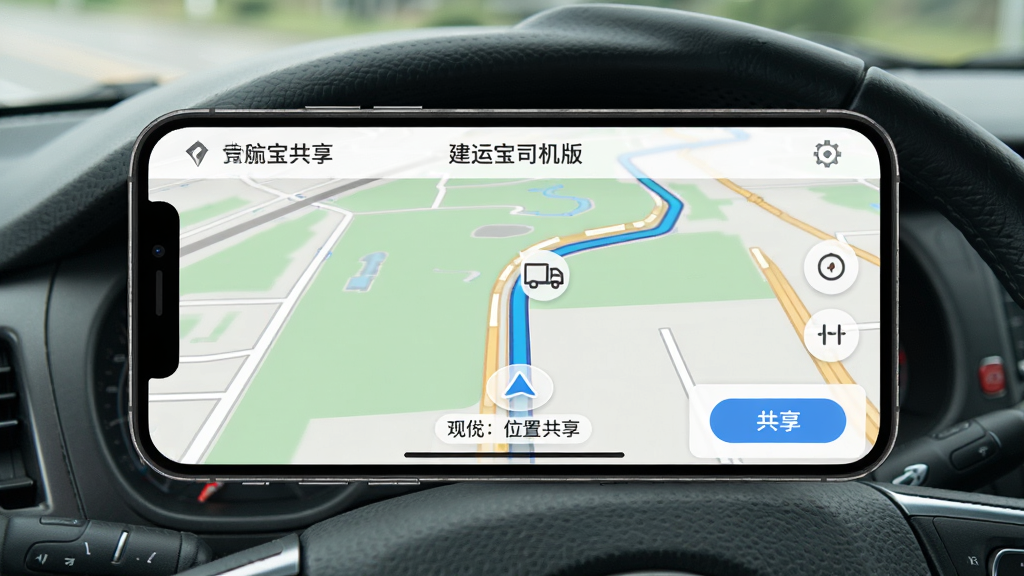 一张以“建运宝司机版”导航与位置共享为主题的AI生图,主体是手机屏幕显示地图导航路线,布局为手机横屏放置于仪表盘前,风格为写实驾驶场景,细节包括地图上的路线光带、货车图标、位置共享按钮,画质清晰,干净,无多余元素