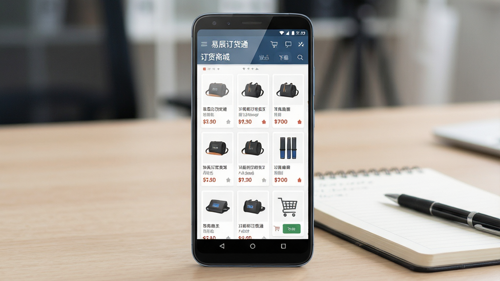 一张展示易辰订货通软件核心全貌的场景化图片,画面主体是一部竖屏安卓手机,手机屏幕内呈现易辰订货通订货商城的商品列表与购物车界面,界面排版整洁,商品图片与价格信息清晰可见;手机放置在一张浅色木质桌面上,旁边配有一本记账本与一支签字笔,背景虚化处理,整体布局为居中构图,风格为现代商务简约风,细节上手机屏幕有轻微高光反射,画面干净无多余元素,画质高清,写实风格,适合作为软件下载站配图