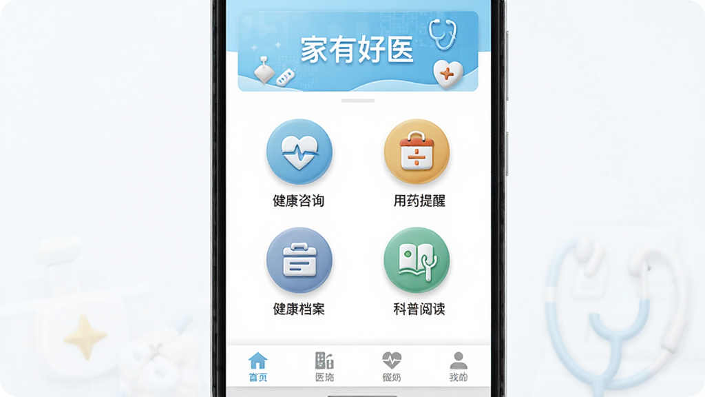 安卓手机屏幕正面展示“家有好医”APP主界面,界面顶部为浅蓝色健康主题横幅,中间排列健康咨询、用药提醒、健康档案、科普阅读四个圆形功能图标,底部为导航栏。整体布局居中对称,风格清新简洁医疗风,细节清晰,图标带有轻微立体感,画质高清,干净,无多余元素