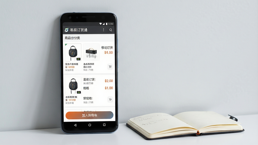 一张展示易辰订货通移动订货功能的图片,主体是一部安卓手机,屏幕显示易辰订货通的商品分类与下单页面,页面中有清晰的商品缩略图、名称、规格与价格,底部有加入购物车按钮;手机旁边放着一个打开的小型记事本,背景为浅灰色墙面,布局为手机居中偏左,右侧留白,风格为清爽商务风,细节上屏幕亮度适中,按钮颜色突出,画面干净整洁,画质高清,无多余装饰元素