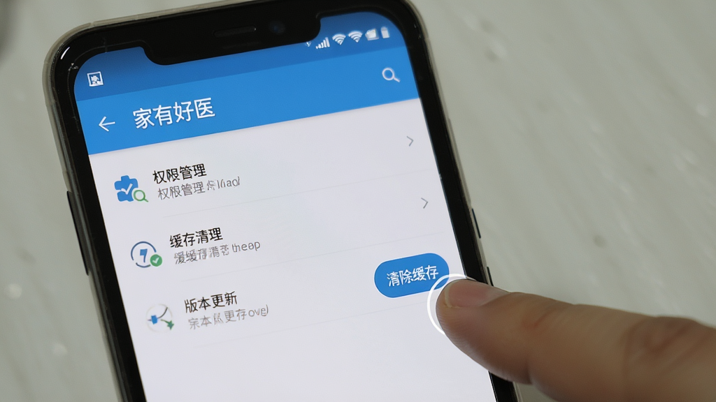 安卓手机屏幕显示“家有好医”APP设置页面,页面中有权限管理、缓存清理、版本更新等选项,旁边有手指点击“清除缓存”按钮的动作。主体为手机和手指,布局居中,风格写实操作指引风,细节清晰,画质高清,干净,无多余元素