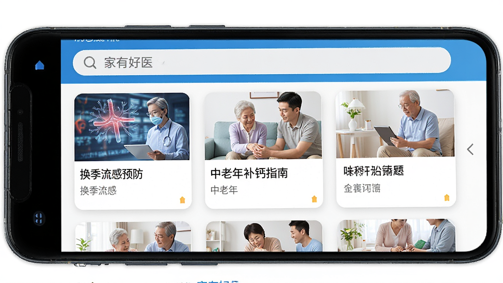 安卓手机屏幕展示“家有好医”APP健康科普文章列表页,页面顶部有搜索框,下方为文章卡片,每张卡片配有缩略图和标题,如“换季流感预防”“中老年补钙指南”等。布局整齐,风格清爽阅读风,细节清晰,画质高清,干净,无多余元素