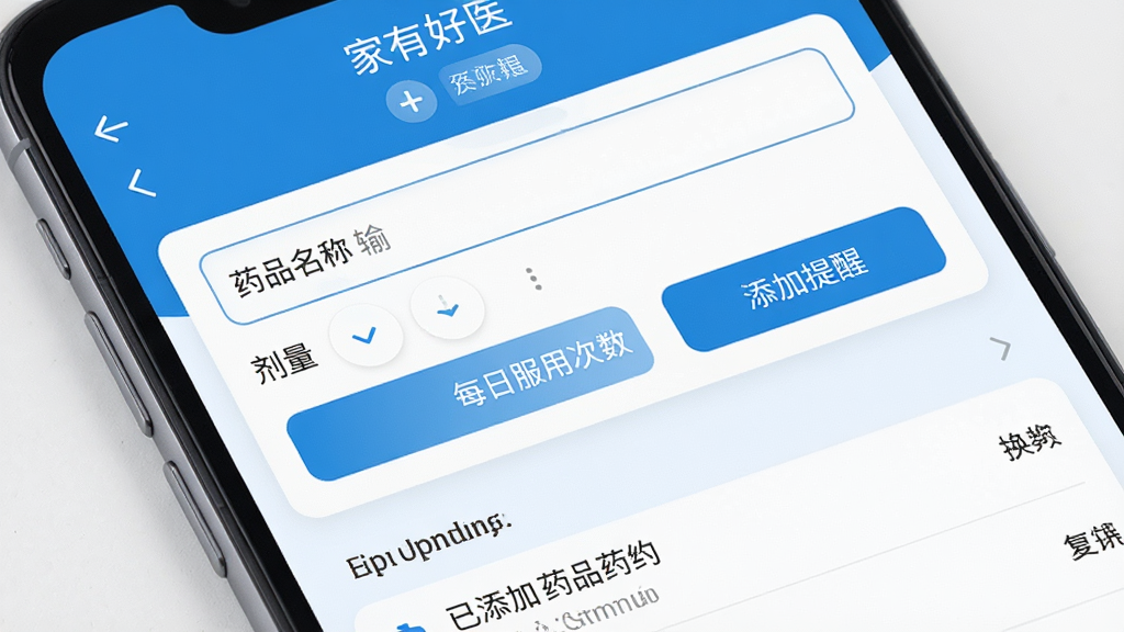 安卓手机屏幕特写,展示“家有好医”APP用药提醒设置页面,页面上有药品名称输入框、剂量选择器、每日服用次数按钮,下方有已添加的药品列表,顶部有“添加提醒”按钮。布局清晰,风格简约医疗蓝白配色,细节精致,画质高清,干净,无多余元素
