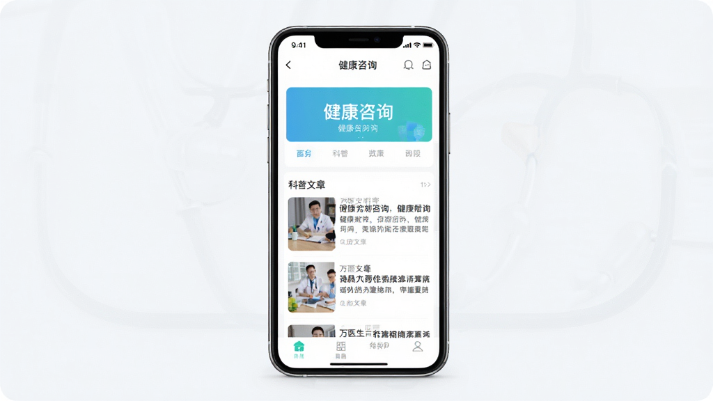 万医生应用主界面截图,画面中央展示手机屏幕,屏幕内为万医生APP首页,包含健康咨询入口和科普文章列表,背景为干净浅色,风格简洁现代,画质清晰,无多余元素