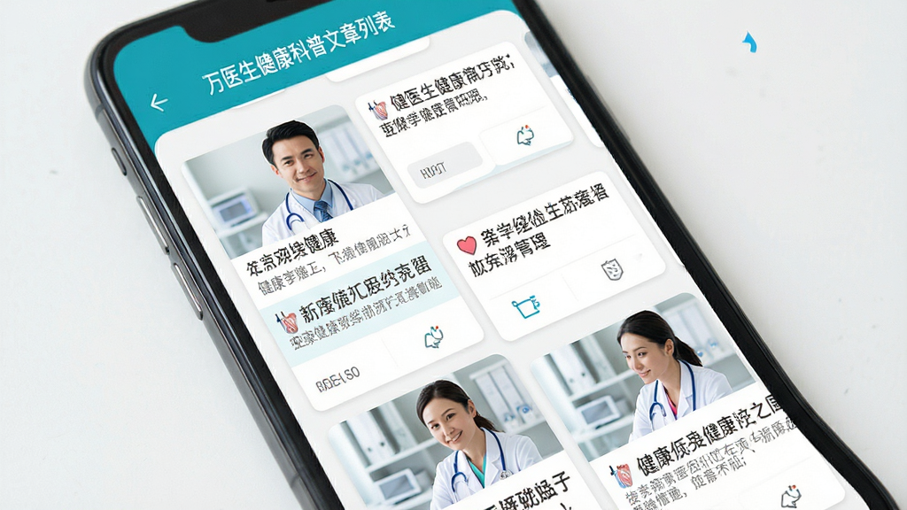 万医生健康科普文章列表界面,手机屏幕内展示多篇健康文章标题和缩略图,排版整齐,风格清爽,画质清晰,无多余元素