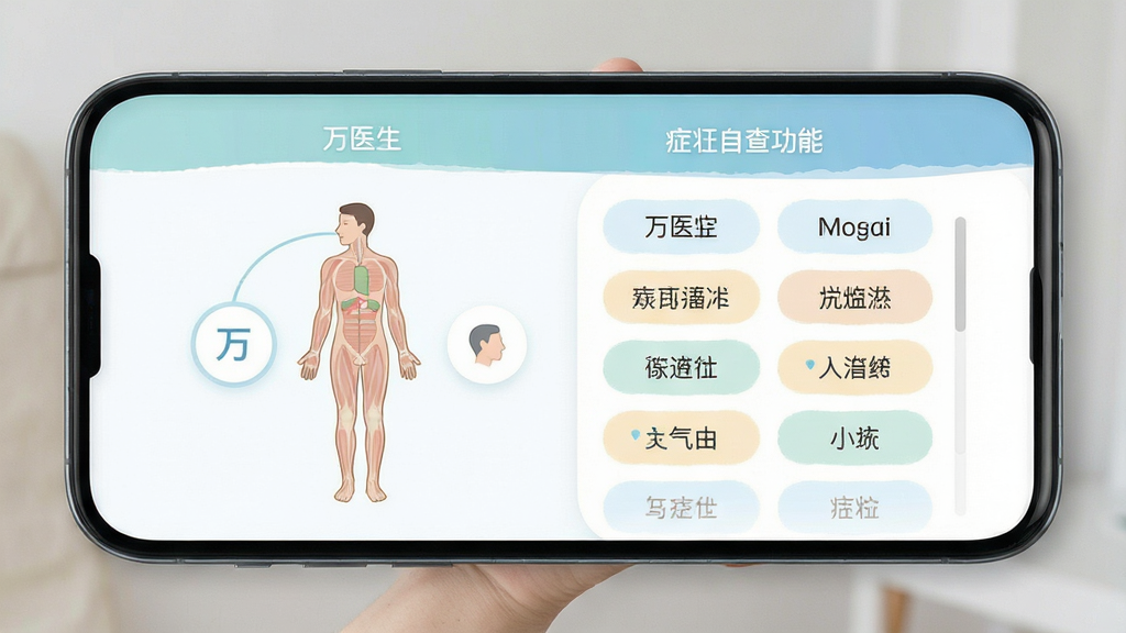 万医生症状自查功能界面,手机屏幕展示人体部位选择图和症状标签列表,界面直观,配色柔和,画质清晰,无多余元素