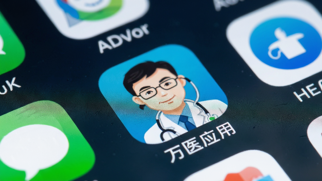 万医生应用在手机桌面上的图标特写,图标清晰可见,周围有常见手机应用图标作为背景,风格写实,画质清晰,无多余元素