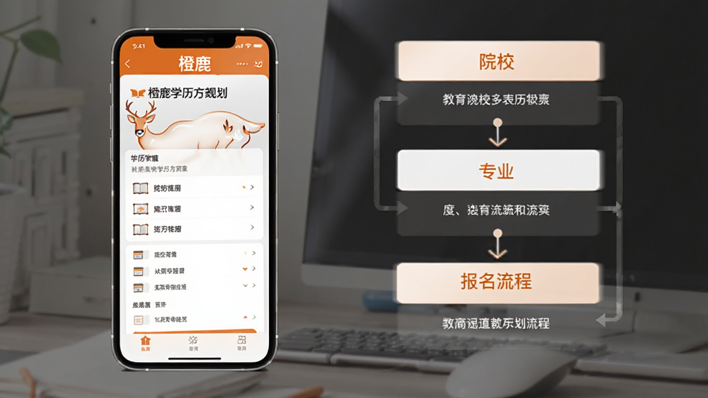 一张表现“橙鹿”学历规划功能的场景图,画面左侧为手机屏幕展示“橙鹿”应用的学历方案筛选页面,右侧以简洁的信息图表形式呈现院校、专业与报名流程等模块,整体采用橙白配色的商务教育风格,排版整齐,细节清晰,画质干净,无多余元素