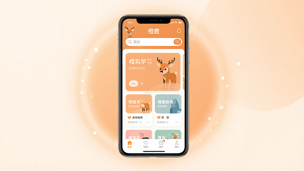 一张展示“橙鹿”移动应用主界面的产品展示图,画面中央放置一部竖屏智能手机,屏幕内呈现“橙鹿”应用首页界面,包含顶部搜索栏、中部学习卡片与底部导航栏,手机周围以柔和光晕与淡橙色渐变背景衬托,整体采用简洁现代的扁平化设计风格,画面干净整洁,细节清晰,4K画质,无多余元素