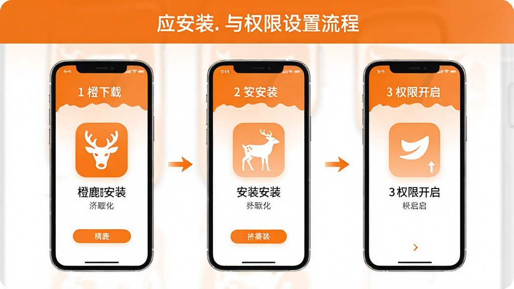 一张展示“橙鹿”应用安装与权限设置流程的示意图,画面以手机屏幕分步展示下载、安装、权限开启三个环节,每步配有简洁图标与文字说明,整体采用橙白配色,排版清晰,风格干净简约,画质清晰,无多余元素