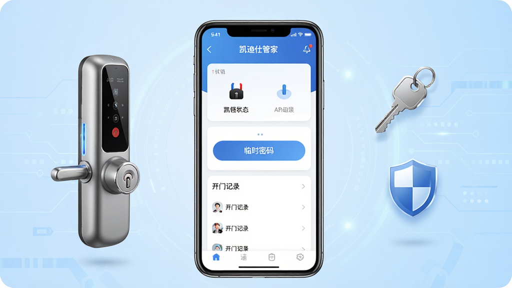 ��������һ�������ֻ�����Ļ��ʾ�������˹ܼҡ�APP�����棬�����а�������״̬��Ƭ����ʱ���밴ť�����ż�¼�б���ģ�顣�ֻ��������һ����ɫ�����������Ҳ�����һ��Կ��ͼ�������ͼ�꣬����Ϊǳ��ɫ����Ƽ��磬���岼�־��жԳƣ�������ִ���ϸ�����������ʸ��壬�ɾ����޶���Ԫ�ء�