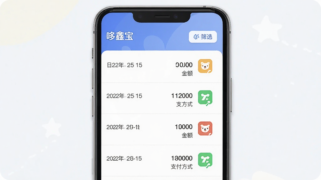 ���α��˵���ϸҳ�棬��Ļ��ʾ�б���ʽ�Ľ��׼�¼���������ڡ�����֧����ʽͼ�꣬����Ϊ��ֱ�б������Ϊ��ˬ��Լ�廭��ϸ�ڰ��������α��������ɸѡ��ť�����ʸ��壬�ɾ����޶���Ԫ��